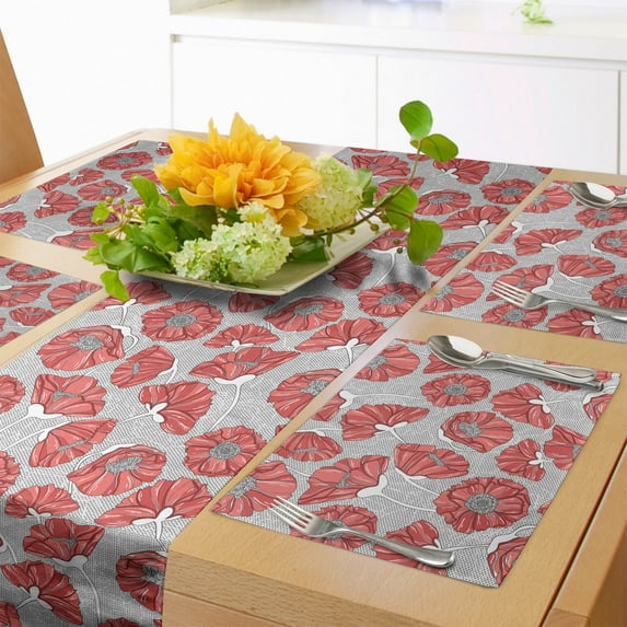 Ambesonne Floral Table Runner & Placemats, Poppy Petals Polka Dots, Placemat 4 pcs + Runner 12"x72", Dark Coral Grey White