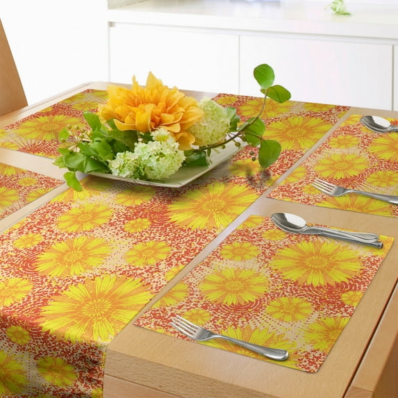 Ambesonne Floral Table Runner & Placemats, Retro Style Flowers Top View, Placemat 4 pcs + Runner 12"x90", Yellow Pale Peach