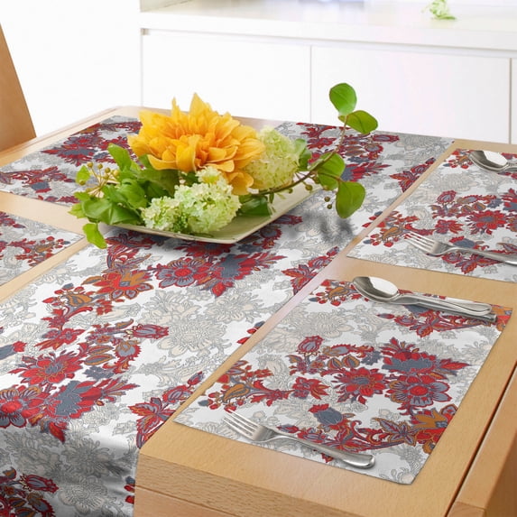 Ambesonne Floral Table Runner & Placemats, Romantic Vİbrant Boho, Placemat 4 pcs + Runner 12"x72", Red Black Grey