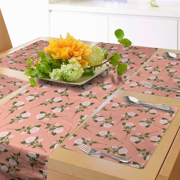 Ambesonne Floral Table Runner & Placemats, Rose Bouquet Flowers Graphic, Placemat 4 pcs + Runner 12"x72", Rose Olive Green Peach