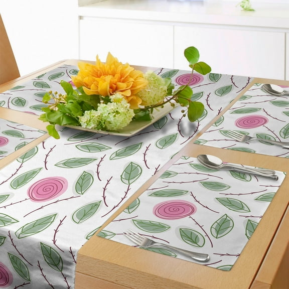 Ambesonne Floral Table Runner & Placemats, Spiraling Roses with Leaves, Placemat 4 pcs + Runner 12"x72", Reseda Green Pink White