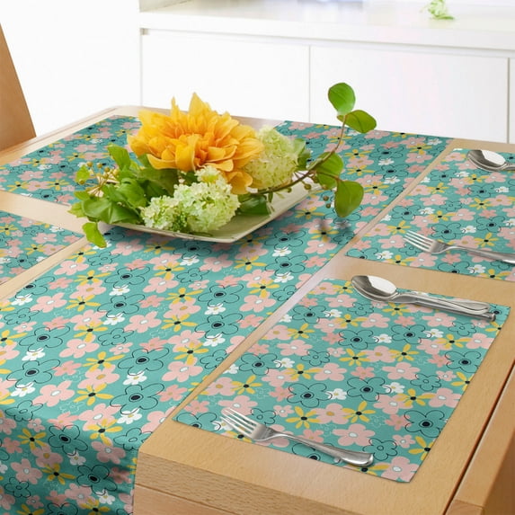 Ambesonne Floral Table Runner & Placemats, Spring Daisy and Aster Bloom, Placemat 4 pcs + Runner 14"x90", Seafoam Blush Pale Orange