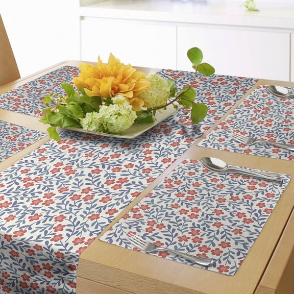 Ambesonne Floral Table Runner & Placemats, Spring Imagery Vintage, Placemat 4 pcs + Runner 16"x72", Cadet Blue Coral Cream