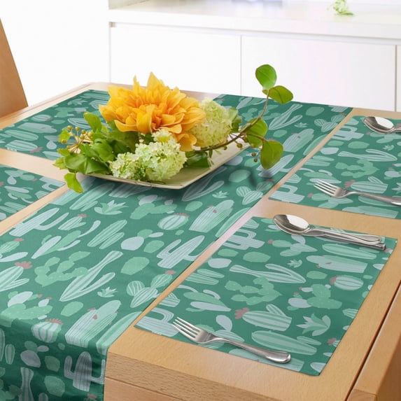 Ambesonne Floral Table Runner & Placemats, Succulents and Cacti Art, Placemat 4 pcs + Runner 12"x72", Sea Green Seafoam and Rose