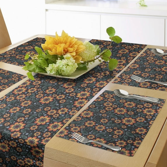 Ambesonne Floral Table Runner & Placemats, Swirling Branches of Flowers, Placemat 4 pcs + Runner 14"x90", Dark Night Blue and Orange