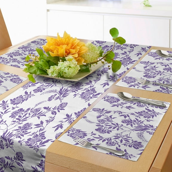 Ambesonne Floral Table Runner & Placemats, Thriving Season Plants, Placemat 4 pcs + Runner 12"x72", Violet and White