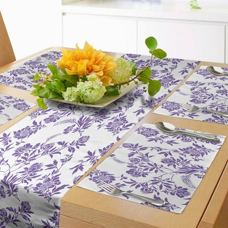 Ambesonne Floral Table Runner & Placemats, Thriving Season Plants, Placemat 4 pcs + Runner 14"x72", Violet and White