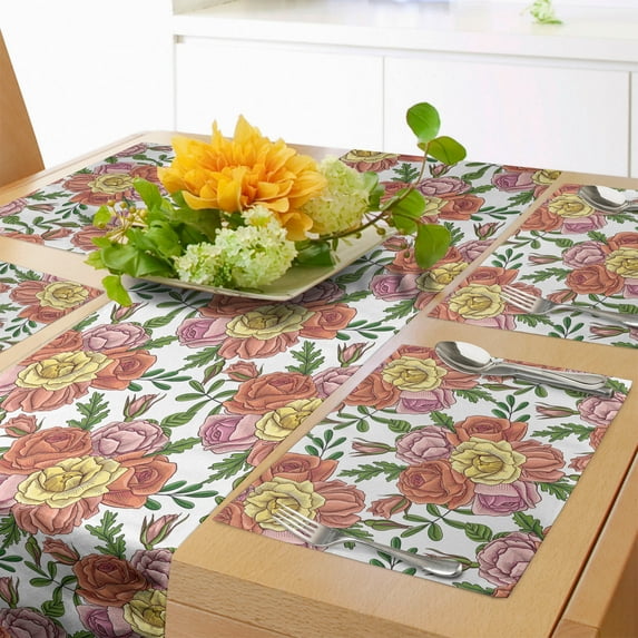 Ambesonne Floral Table Runner & Placemats, Vintage English Garden Art, Placemat 4 pcs + Runner 14"x90", Pale Blue Multicolor