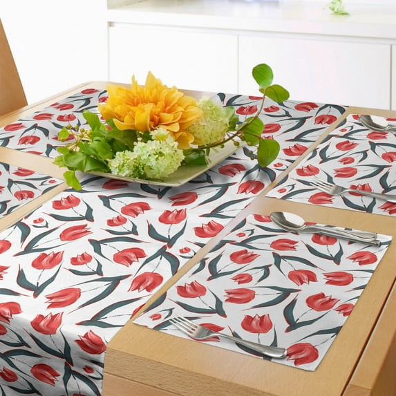 Ambesonne Floral Table Runner & Placemats, Vintage Inspired Tulips Art, Placemat 4 pcs + Runner 14"x72", Red Green