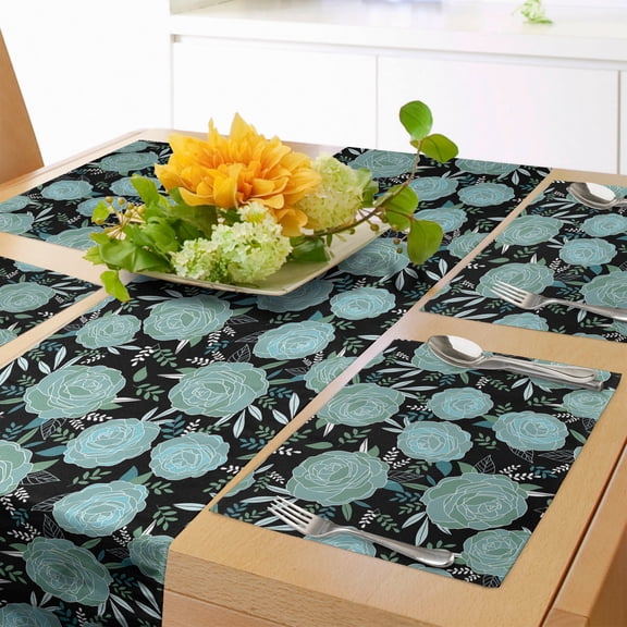 Ambesonne Floral Table Runner & Placemats, Vintage Style Budding Roses, Placemat 4 pcs + Runner 12"x90", Charcoal Grey Pale Teal