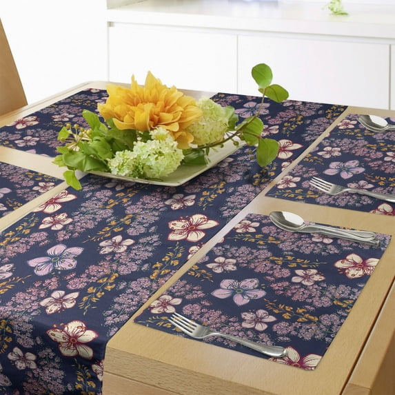 Ambesonne Floral Table Runner & Placemats, Vintage Theme Spring Flowers, Placemat 4 pcs + Runner 12"x72", Night Blue Pale Pink