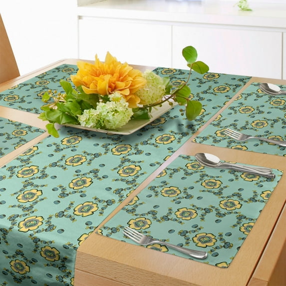 Ambesonne Floral Table Runner & Placemats, Vintage Twigs and Berries, Placemat 4 pcs + Runner 12"x72", Almond Green