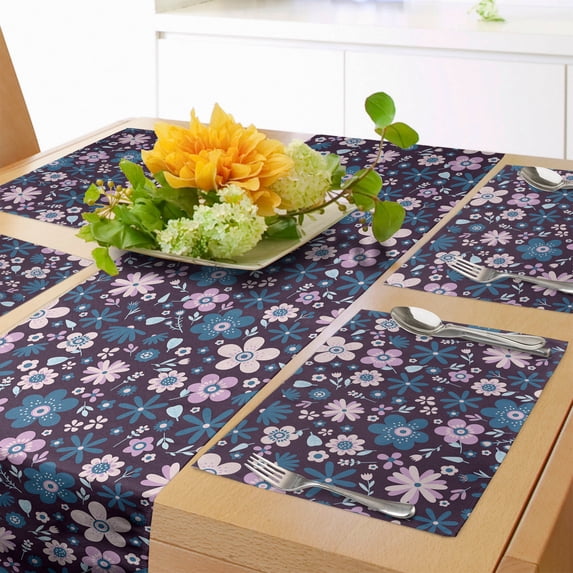 Ambesonne Floral Table Runner & Placemats, Violet Tones Vintage Flowers, Placemat 4 pcs + Runner 14"x90", Sea Blue Lilac