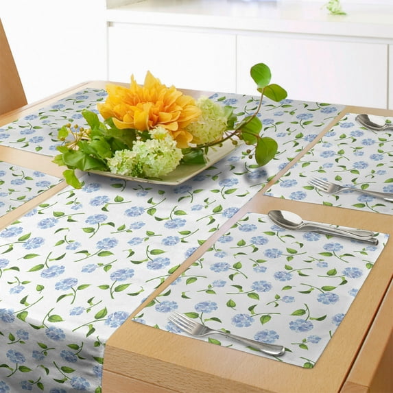 Ambesonne Floral Table Runner & Placemats, Watercolor Blue Hydrangea, Placemat 4 pcs + Runner 14"x90", Ceil Blue Green White