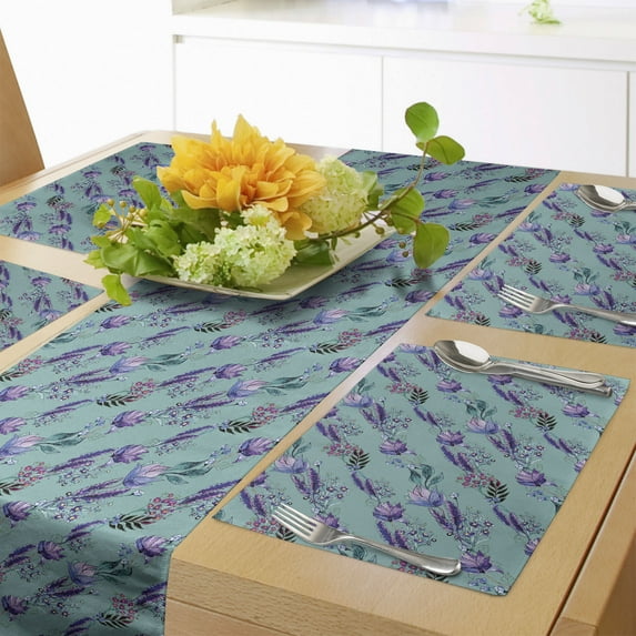 Ambesonne Floral Table Runner & Placemats, Watercolor Chinoiserie Art, Placemat 4 pcs + Runner 12"x90", Pale Teal Dark Magenta