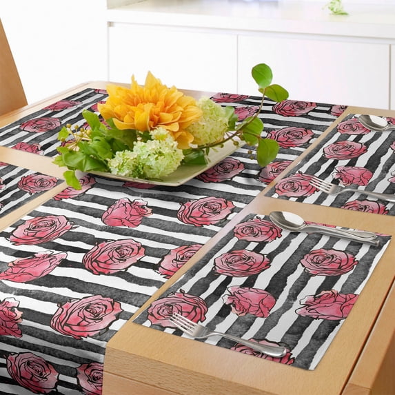 Ambesonne Floral Table Runner & Placemats, Watercolor Modern Flowers, Placemat 4 pcs + Runner 16"x90", White Black Coral