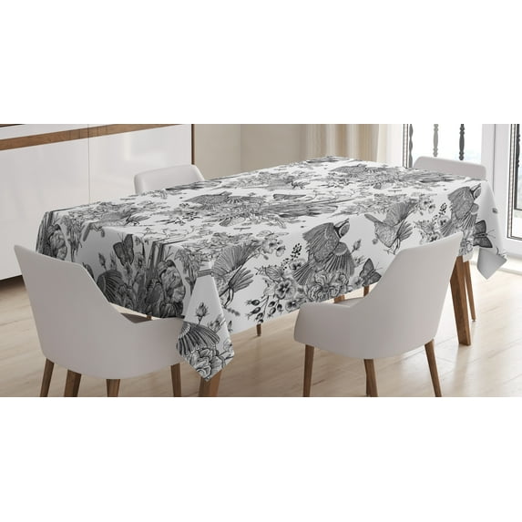 Ambesonne Floral Tablecloth Rectangular Table Cover, Detailed Engraving Spring, 60"x84", Charcoal Grey and White