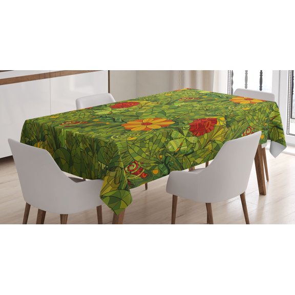 Ambesonne Floral Tablecloth Rectangular Table Cover, Fractal Retro Jungle Art, 52"x70", Olive Green Vermilion