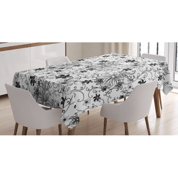 Ambesonne Floral Tablecloth Rectangular Table Cover, Leaves Twirls Swirls Bud, 60"x84", Black and White
