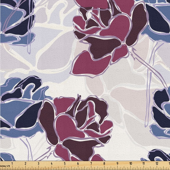 Ambesonne Floral Themed Fabric by the Yard Upholstery, Grunge Rose with Hues, 1 Yard, Pale Maroon Lavender Blue