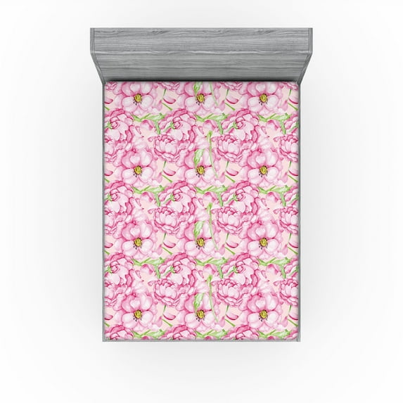 Ambesonne Floral Themed Fitted Sheet, Romantic Summer Bloom, California King, Pale Pink Lime Green