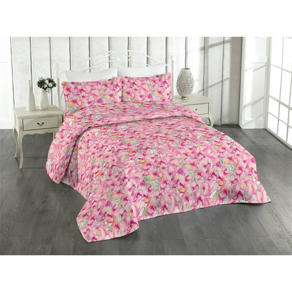 Ambesonne Floral Themed Quilted Bedspread Set 3 Pcs, Dreamy Watercolor Art, Queen, Mint Green Hot Pink Rose