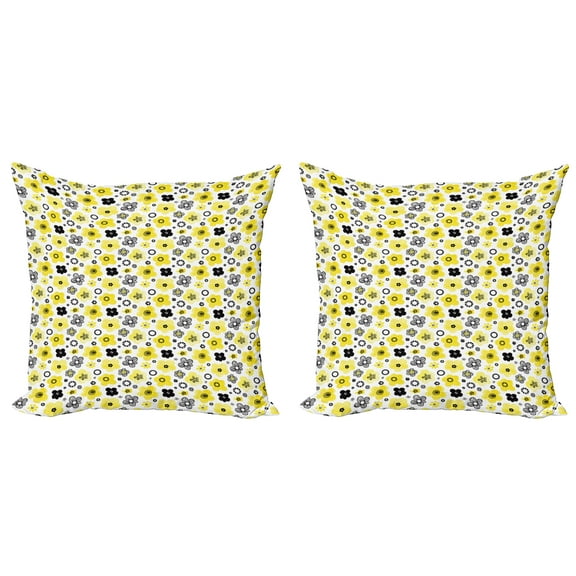 Ambesonne Floral Throw Pillow Cover 2 Pack, Bicolour Spring Flowers, 24", Yellow Indigo