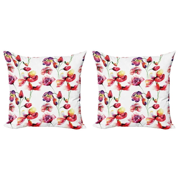 Ambesonne Floral Throw Pillow Cover 2 Pack, Blooming Tulip Poppy, 16", Red White