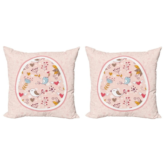 Ambesonne Floral Throw Pillow Cover 2 Pack, Botanical Art Birds, 20", Rose Multicolor