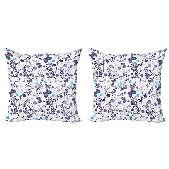 Ambesonne Floral Throw Pillow Cover 2 Pack, Butterflies and Swirls, 18", Dark Purple Pale Blue