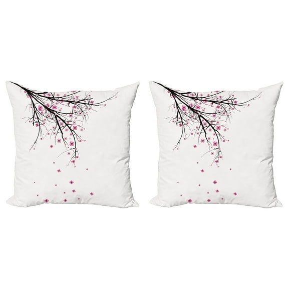 Ambesonne Floral Throw Pillow Cover 2 Pack, Cherry Blossom Flower, 20", Pink Black