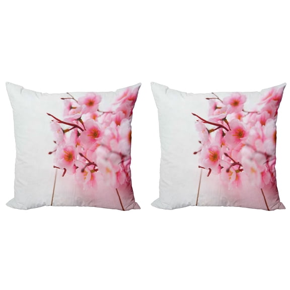 Ambesonne Floral Throw Pillow Cover 2 Pack, Cherry Blossom Petals, 18", Pale Pink White