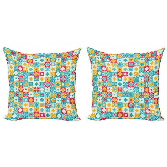Ambesonne Floral Throw Pillow Cover 2 Pack, Clover Vivid Design, 24", Red Turquoise Yellow
