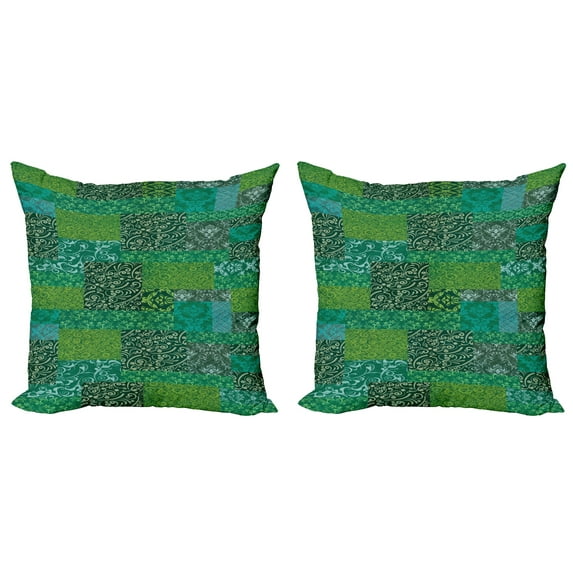 Ambesonne Floral Throw Pillow Cover 2 Pack, Curly Ornaments in Squares, 24", Emerald Jade Green