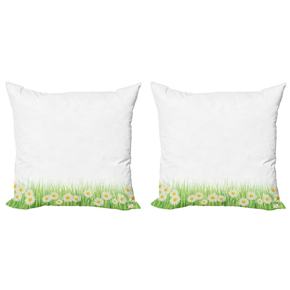 Ambesonne Floral Throw Pillow Cover 2 Pack, Daisies in the Grass, 24", Green White Yellow