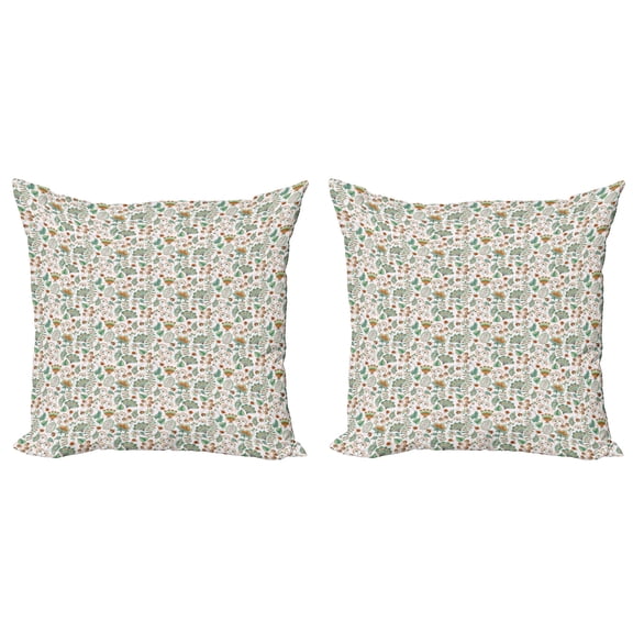 Ambesonne Floral Throw Pillow Cover 2 Pack, Doodle Botanical Leaves, 16", Seafoam Orange White