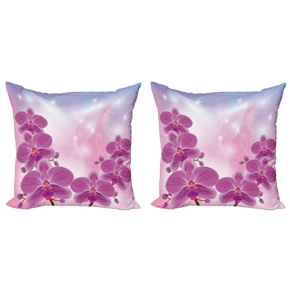 Ambesonne Floral Throw Pillow Cover 2 Pack, Exotic Orchid Flowers, 18", Purple Pale Pink Blue