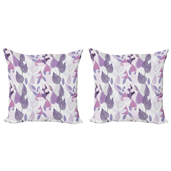 Ambesonne Floral Throw Pillow Cover 2 Pack, Foliage Leaves Purple, 24", Lavender Pale Grey Lilac