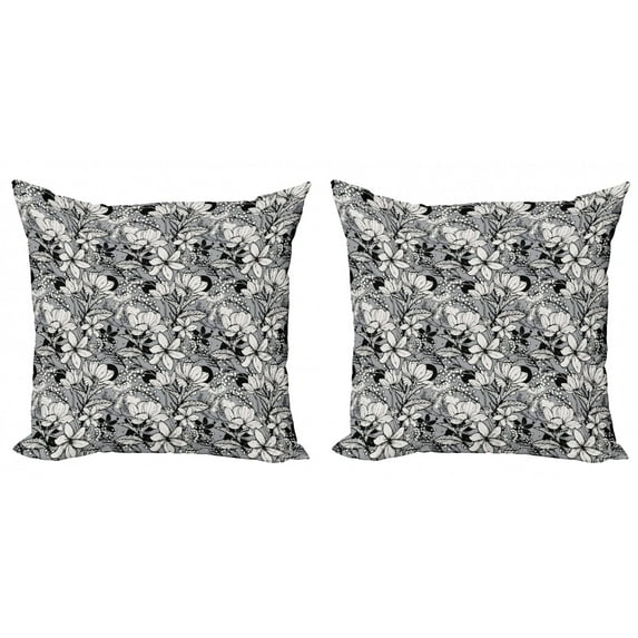 Ambesonne Floral Throw Pillow Cover 2 Pack, Frangipani Mimosa Lotus, 20", Black White Pale Grey
