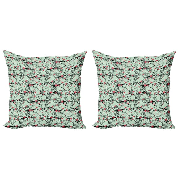 Ambesonne Floral Throw Pillow Cover 2 Pack, Japanese Sakura Branches, 18", Mint Green Pink
