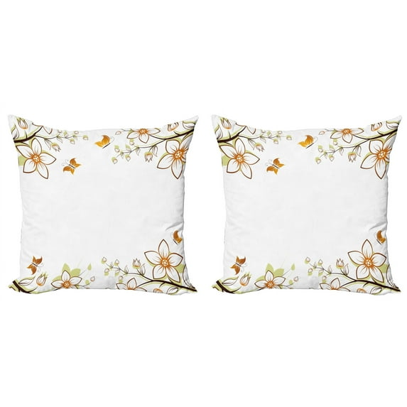 Ambesonne Floral Throw Pillow Cover 2 Pack, Leaves Branches Buds, 20", Pale Green Pale Brown