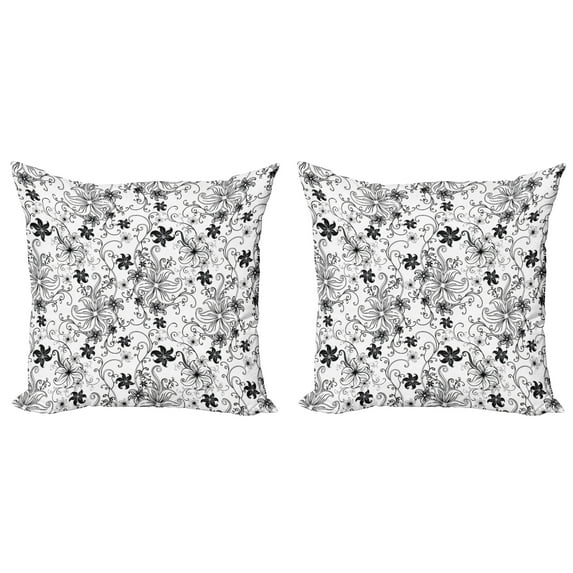 Ambesonne Floral Throw Pillow Cover 2 Pack, Leaves Twirls Swirls Bud, 20", Black and White