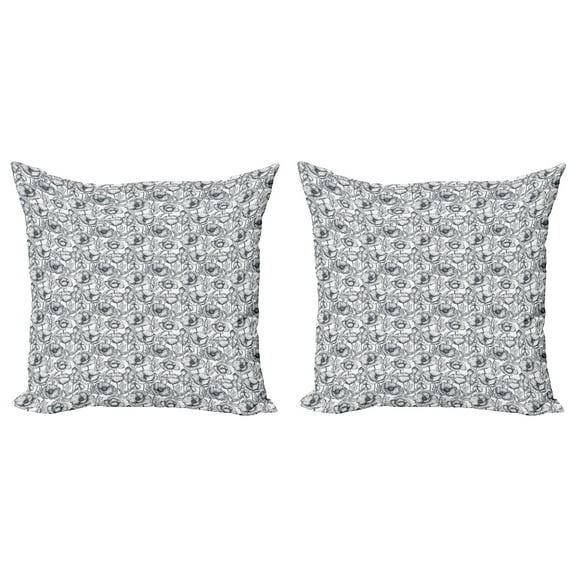 Ambesonne Floral Throw Pillow Cover 2 Pack, Monochrome Poppy Sketch Art, 18", Dark Blue Grey and White