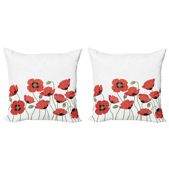 Ambesonne Floral Throw Pillow Cover 2 Pack, Natural Poppy Garden, 16", Orange Green