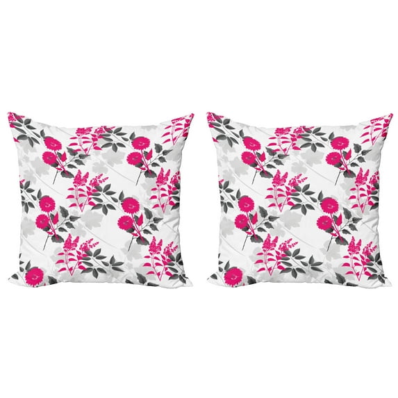 Ambesonne Floral Throw Pillow Cover 2 Pack, Nostalgic Leaf and Flowers, 18", Magenta Dark Grey White