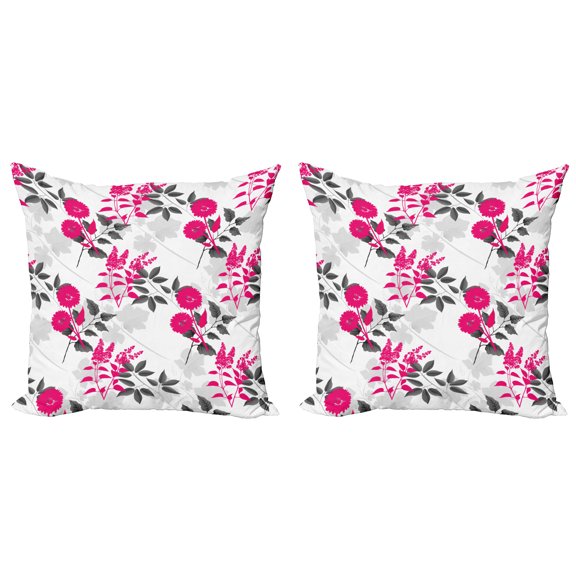 Ambesonne Floral Throw Pillow Cover 2 Pack, Nostalgic Leaf and Flowers, 20", Magenta Dark Grey White