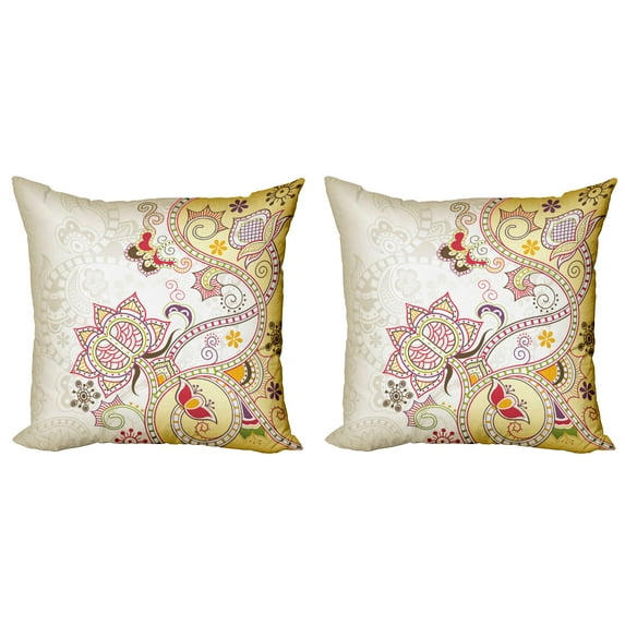 Ambesonne Floral Throw Pillow Cover 2 Pack, Oriental Flower Ornaments, 16", Multicolor