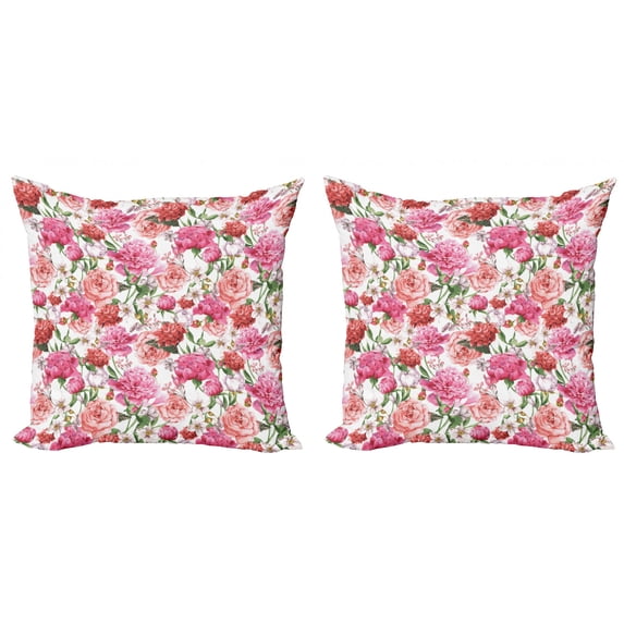 Ambesonne Floral Throw Pillow Cover 2 Pack, Peonies and Roses, 16", White Pink Blush