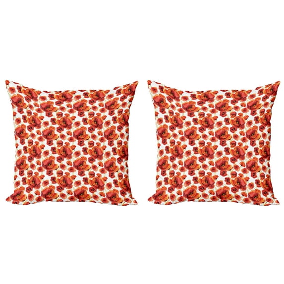 Ambesonne Floral Throw Pillow Cover 2 Pack, Red Poppy Flowers, 24", Red and White