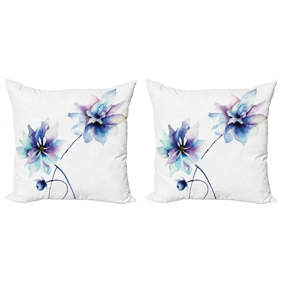 Ambesonne Floral Throw Pillow Cover 2 Pack, Retro Flowers Watercolor, 24", White Purple Blue